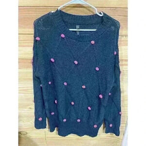 ALYA Womens Crew Neck Sweater Size S Blue Pink Polka Dot Cable Knit long Sleeve